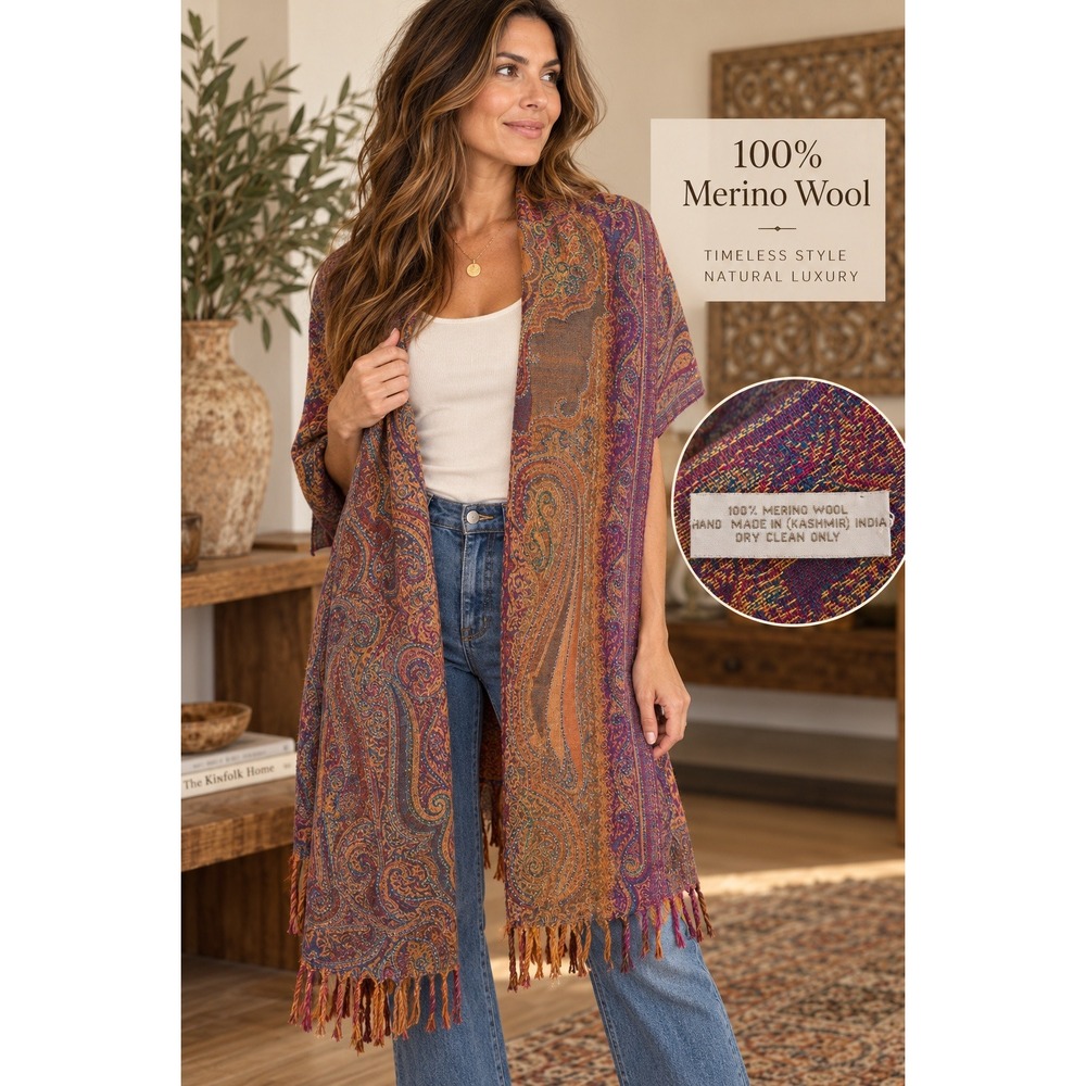 Handmade 100% Merino Wool Paisley Beaded Wrap Shawl Scarf Kashmir India Purple